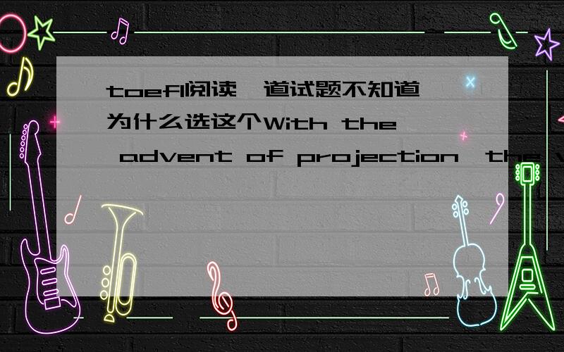 toefl阅读一道试题不知道为什么选这个With the advent of projection,the viewer's relationship with the image was no longer private,as it had been with earlier peeshow devices such as the Kinetoscope and the Mutoscope ,which was a similar
