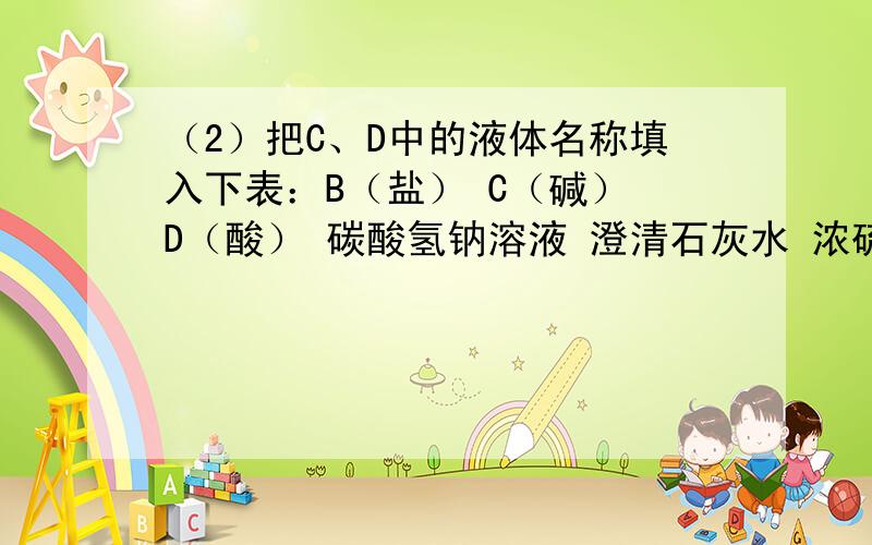 （2）把C、D中的液体名称填入下表：B（盐） C（碱） D（酸） 碳酸氢钠溶液 澄清石灰水 浓硫酸 （3）B中反