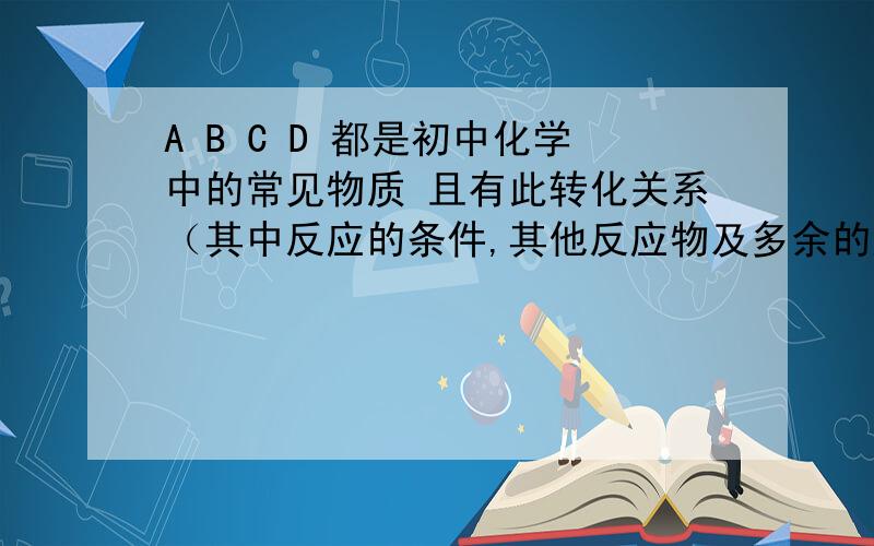A B C D 都是初中化学中的常见物质 且有此转化关系（其中反应的条件,其他反应物及多余的产物均已略去）A反应生成B和C,B反应的生成物有D,C和D一起反应生成A.若常温下A是液体 写出A B C D 之间